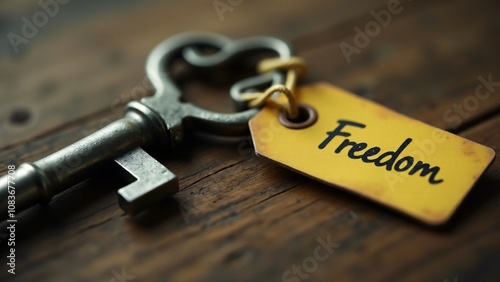 Close-up of a vintage metal key attached to a yellow tag with the word 'Freedom' written in bold letters. The key rests on a rustic wooden surface with soft lighting, symbolizing liberation, opportuni photo