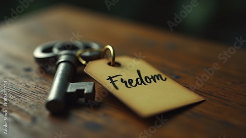 Close-up of a vintage metal key attached to a yellow tag with the word 'Freedom' written in bold letters. The key rests on a rustic wooden surface with soft lighting, symbolizing liberation, opportuni photo