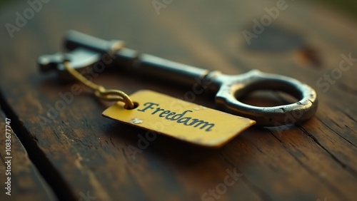 Close-up of a vintage metal key attached to a yellow tag with the word 'Freedom' written in bold letters. The key rests on a rustic wooden surface with soft lighting, symbolizing liberation, opportuni photo