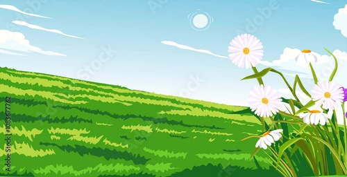 A green field with white daisies and a blue sky with clouds.