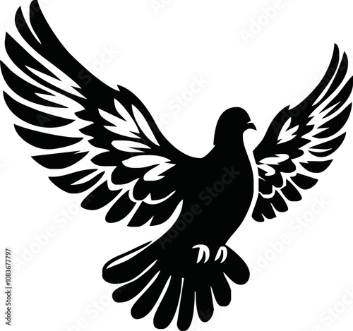 Dove icon. Black silhouette of a dove in flight carrying an olive branch on a white background. Peace symbol. Religious icon. Vector illustration.