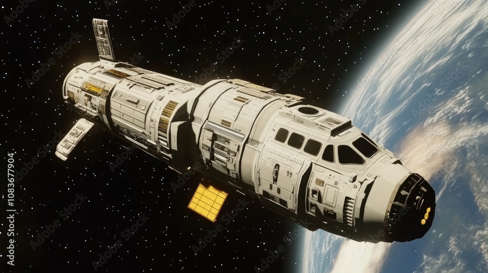 Obraz premium Futuristic Spacecraft Orbiting Earth Against a Starry Background, Showcasing Advanced Technology and Design in a Vast Cosmic Environment