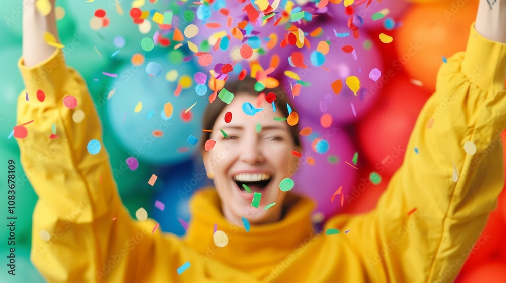 Fototapeta premium Here's a and keyword list for your stock photo.. Joyful woman celebrating with confetti and balloons.