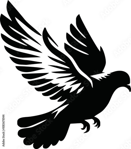 Dove icon. Black silhouette of a dove in flight carrying an olive branch on a white background. Peace symbol. Religious icon. Vector illustration.