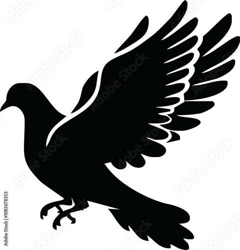 Dove icon. Black silhouette of a dove in flight carrying an olive branch on a white background. Peace symbol. Religious icon. Vector illustration.
