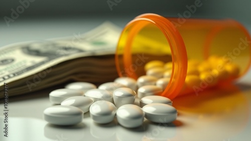 Orange prescription bottle tipped over with round white pills scattered on a white surface. Background features a stack of blurred dollar bills. Concept of medical costs, healthcare economy, and pharm photo