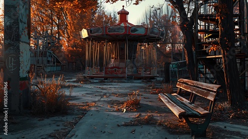 A deserted amusement park with a carousel surrounded by autumn foliage and an empty bench.