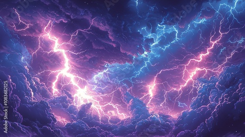 highly detailed manga-style artwork of a stormy sky, featuring intense lightning bolts that light up the night. The clouds are dense and ominous, with a mixture of deep blues and purples. Each lightni photo