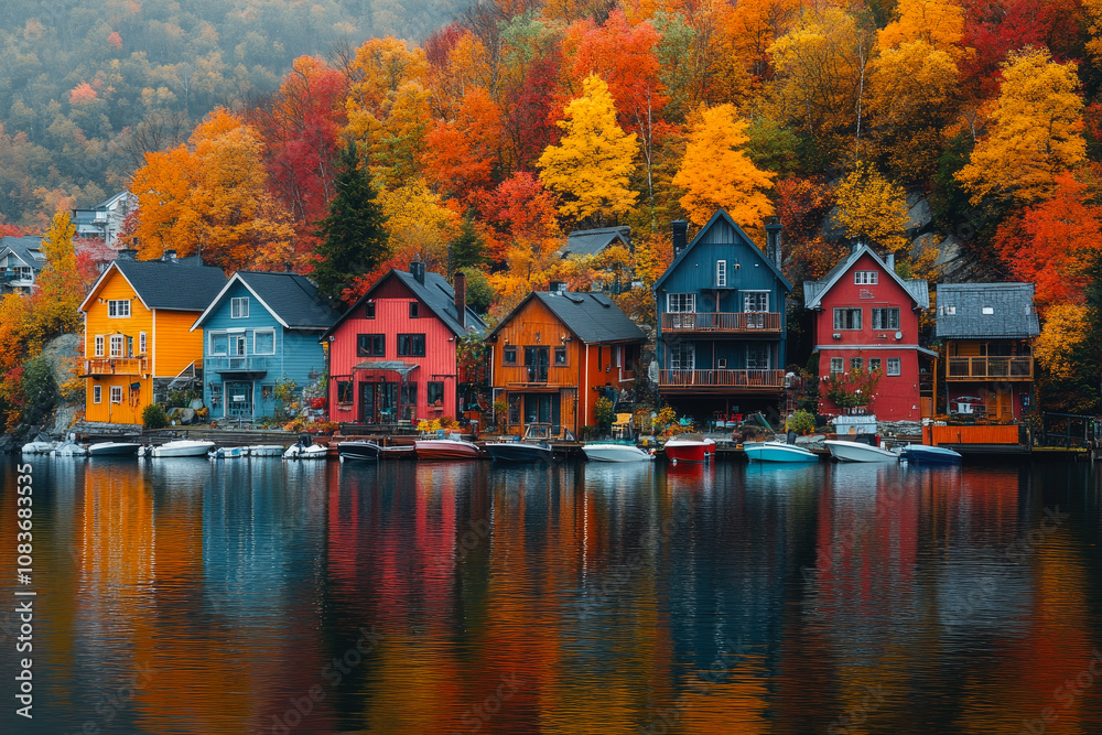 Naklejka premium Vivid autumn colors of trees and houses reflect on the lake, creating a stunning visual contrast of nature and human habitation.