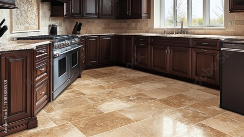 Italian-inspired luxury kitchen with travertine floors, dark wood cabinets, marble countertops,