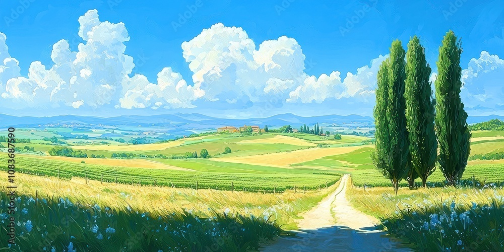 Obraz premium A winding dirt road leads to a farmhouse nestled in a picturesque Tuscan landscape.
