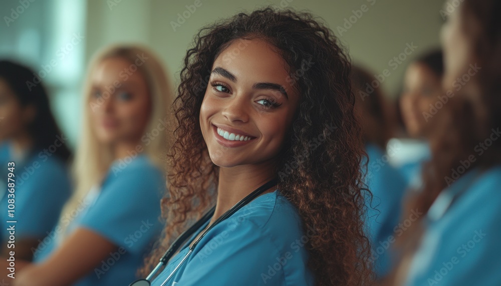 Fototapeta premium group of smiling young nursing students in blue scrubs, sitting at their desks during class