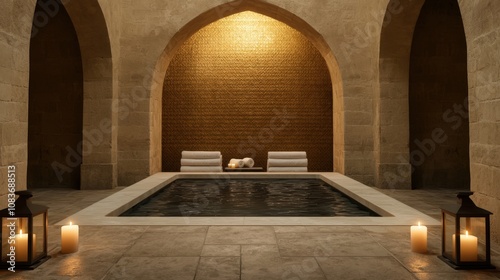 Luxurious Spa Resort Interior Jacuzzi Gold Tiles Tranquil Pool photo