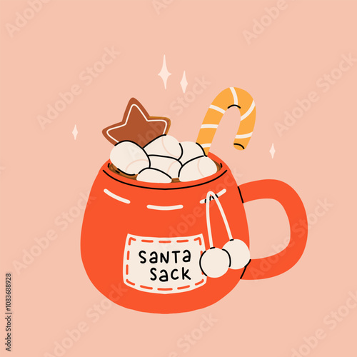 Christmas hot drink big collection. Flat cartoon beverages. Holiday cute mugs with hot cocoa, coffee, and mulled wine. New year drinks decorated with sweets and candy. Isolated vector illustration