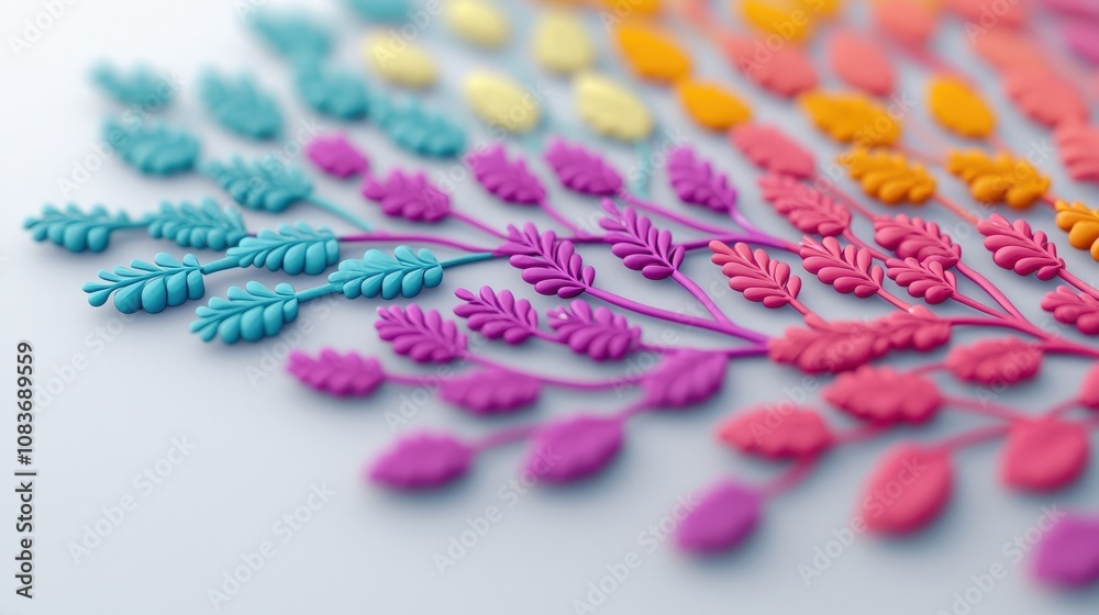 Obraz premium Colorful 3D Rendered Abstract Floral Design Rainbow Hues Artistic Leaves