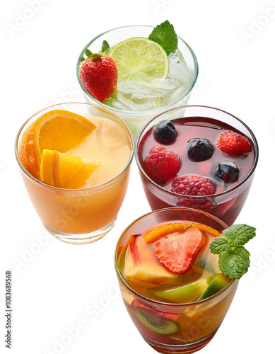 Delicious and colorful fruit cocktails in clear glasses with vibrant garnishes, perfect for summer refreshment.