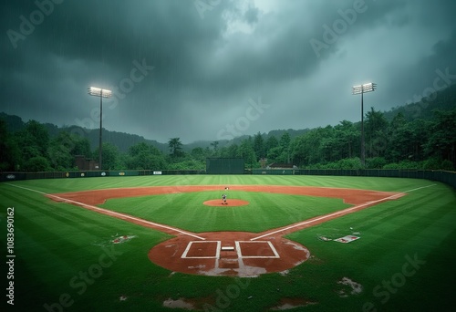 A baseball field with a pitcher's mound and home plate in the foreground, surrounded by a lush green outfield photo