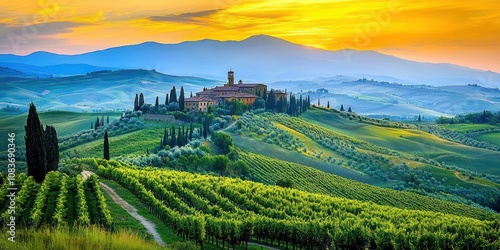 Wallpaper Mural Tuscan Villa amidst Rolling Hills and Vineyards at Sunset Torontodigital.ca