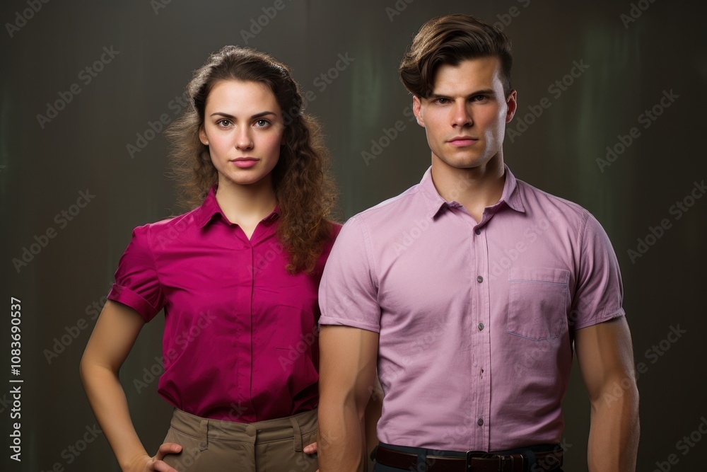 Fototapeta premium A man and a woman are standing next to each other, both wearing pink shirts