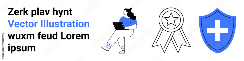Obraz premium Woman working on laptop, award ribbon with star, shield with cross. Ideal for security, professionalism, productivity, achievements, recognition, online work, landing page