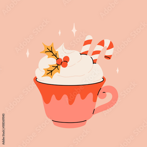Christmas hot drink big collection. Flat cartoon beverages. Holiday cute mugs with hot cocoa, coffee, and mulled wine. New year drinks decorated with sweets and candy. Isolated vector illustration