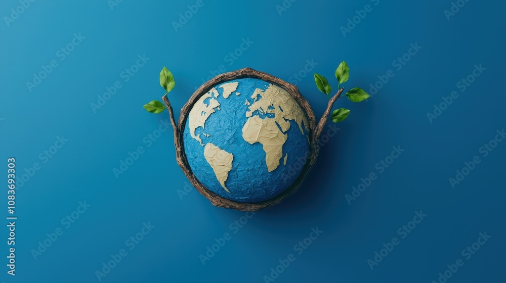 Naklejka premium Eco Friendly Globe Sustainable Planet 3D Render Green Leaves Earth Day