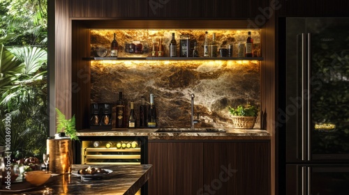 Modern Kitchen Bar with Marble Backsplash and Wine Storage photo