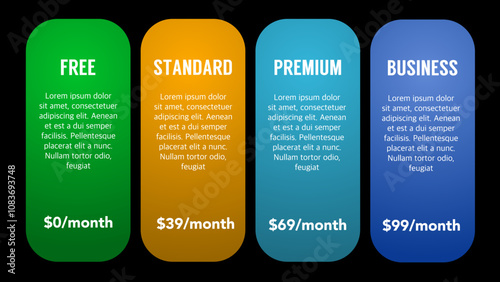 Table for comparing prices of four products - services with description and icons - color version