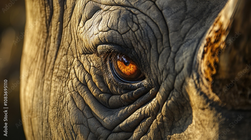 Fototapeta premium Rhino's Eye Close-Up: A close-up of a rhino's eye, revealing its tough exterior and gentle soul, surrounded by earthy tones of its natural habitat.