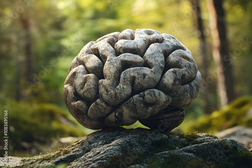 Concept image of a large stone shaped like a human brain, symbolizing resilience and intellect photo