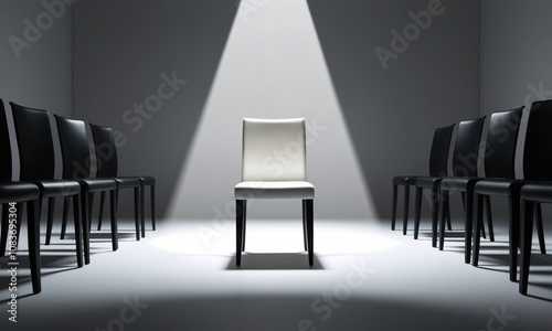 A spotlight highlights a white chair amid black chairs in a minimalist setting, symbolizing distinction and selection. photo