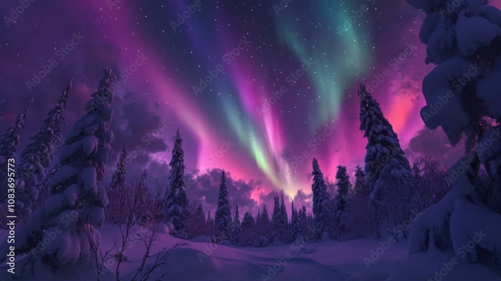 Aurora Borealis over snowy forest, vibrant colors in night sky, magical ...