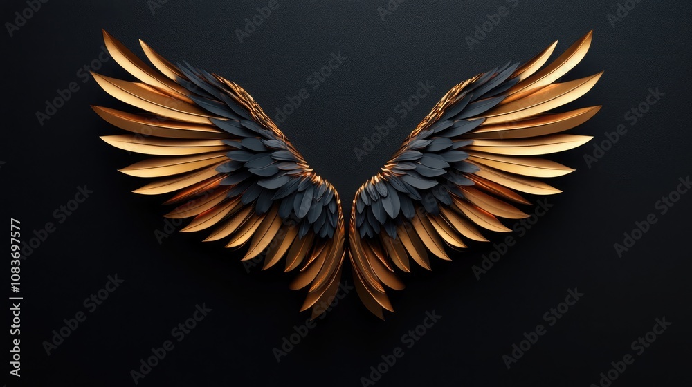Obraz premium Modern Abstract Golden Wings on Black: A Dynamic and Luxurious Design Ideal for Fashion, Event Branding, or Promotional Logos, Representing Power, Elegance, and Sophistication