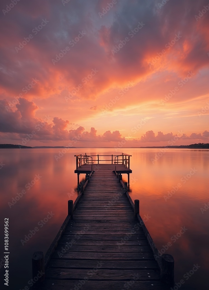 Fototapeta premium A long wooden pier extending into a body of water, with a dramatic cloudy sky reflected in the calm water below