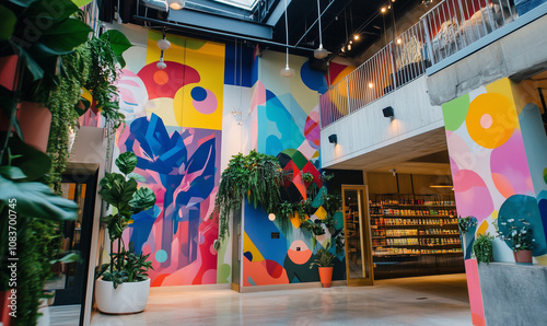 Urban shopping enclave featuring colorful murals and cascading pothos plants in a vibrant city atmosphere