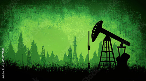 A silhouette of an oil pump against a green-toned background, representing themes of industry, nature, and energy. photo