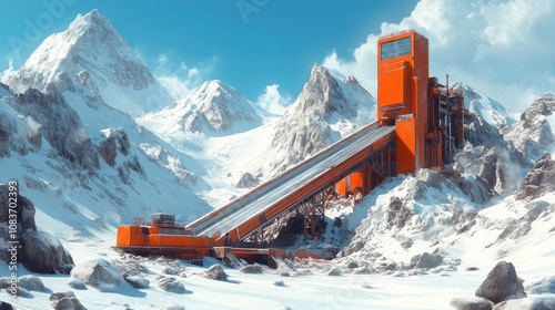 Rugged Mining Site with Conveyor in Snowy Mountains photo