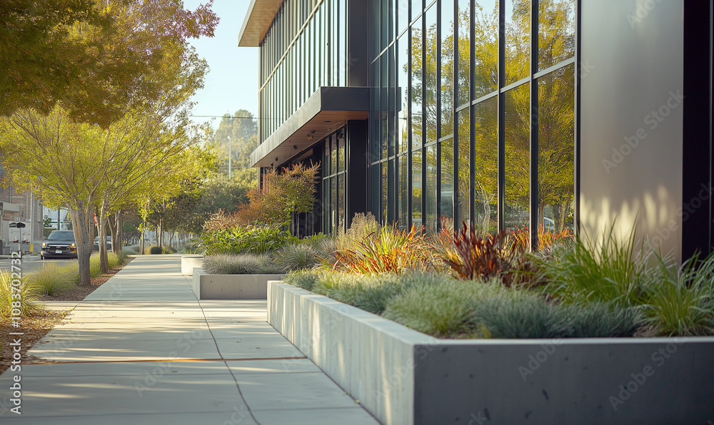 Fototapeta premium Industrial edge promenade featuring black steel-framed glass walls and modern concrete planters