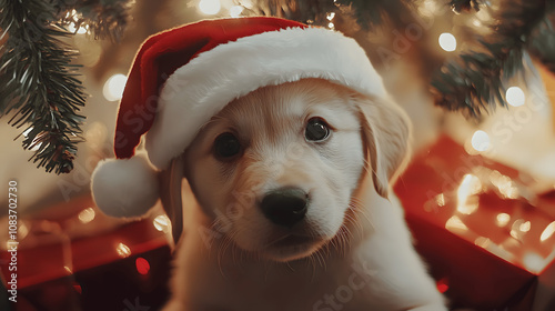 a dog with a Santa hat on its head