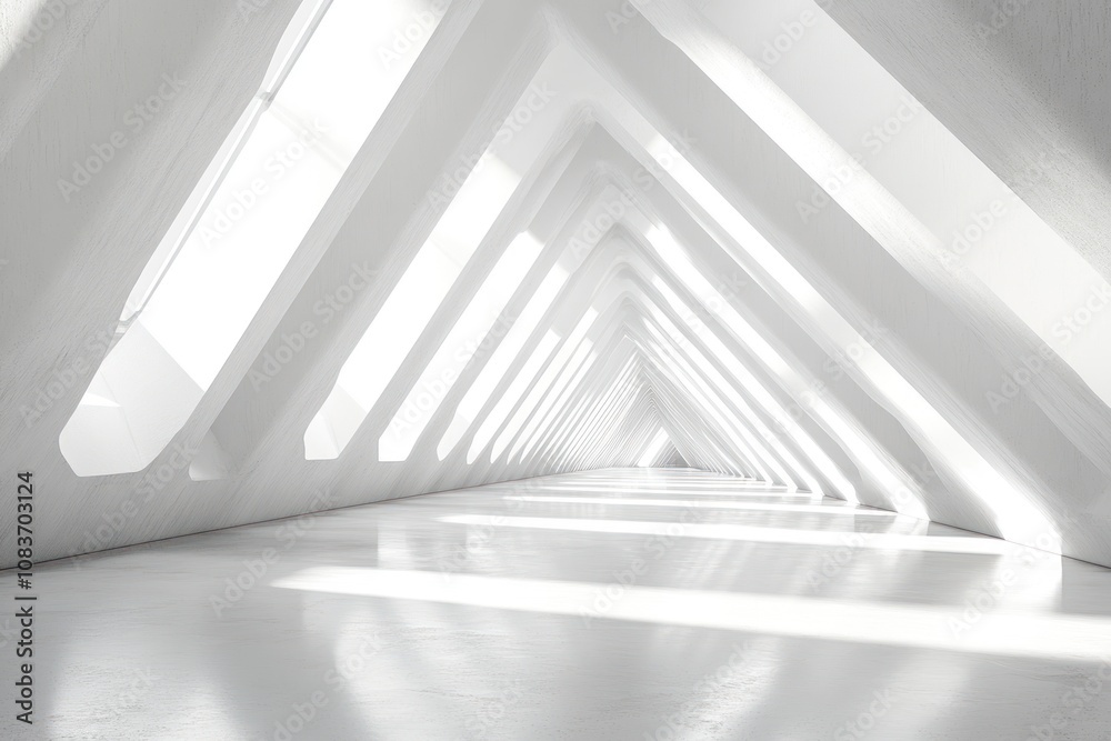 Obraz premium A White Hallway with Geometric Walls and a Brightly Lit Floor