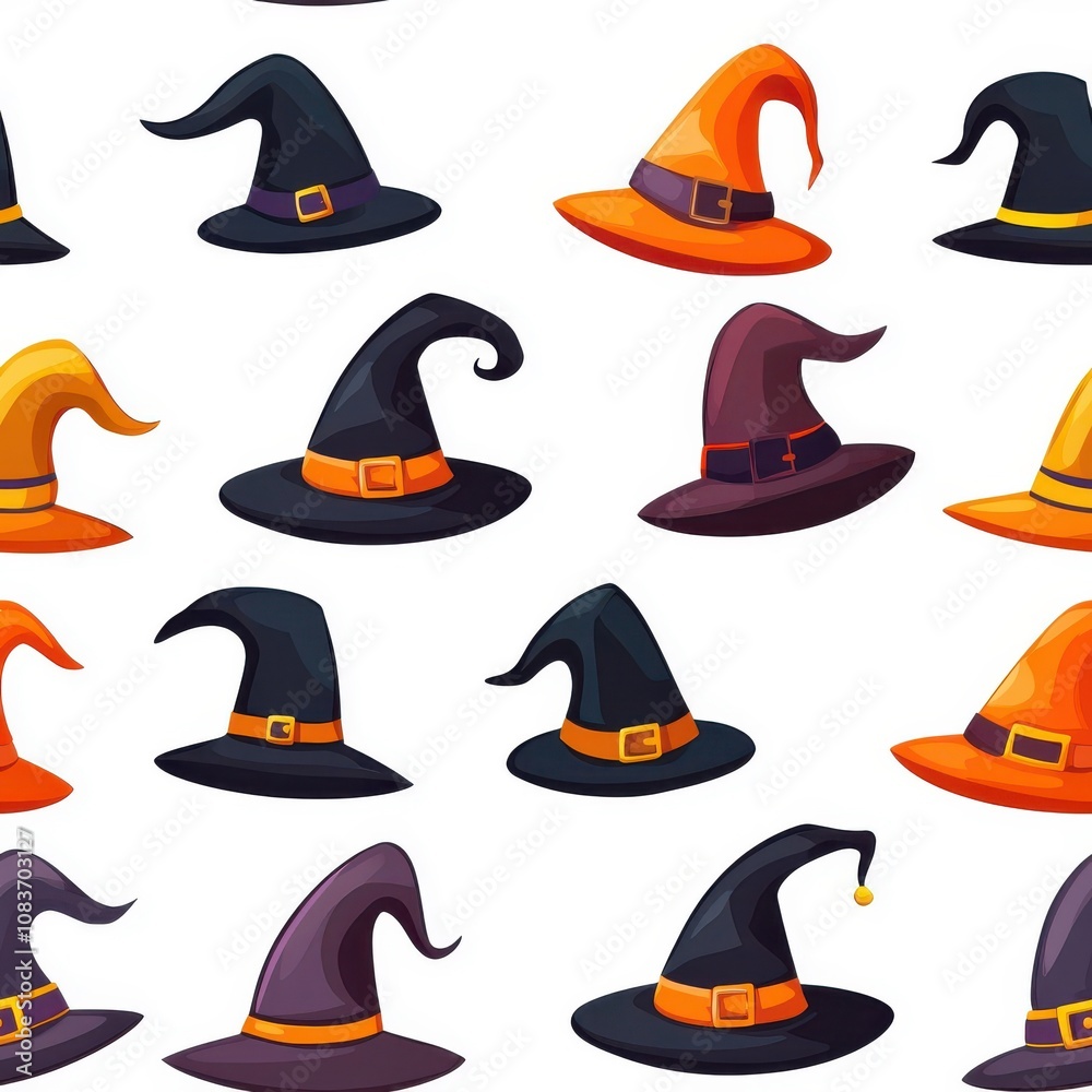 Flat style seamless pattern of witch hats, isolate on a white ...