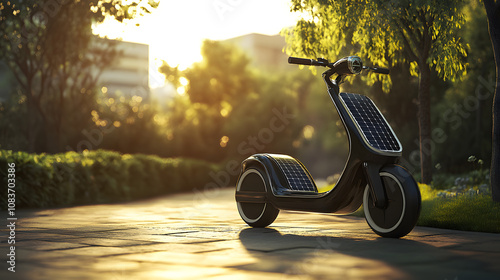 A solar-powered electric scooter charging station in a busy city center, promoting sustainable urban transportation and reducing pollution.