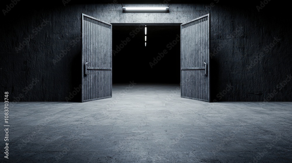 Obraz premium Dark Concrete Garage Interior Open Metal Doors Mysterious Entrance Industrial Background