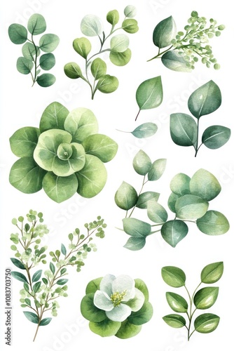 Watercolor Painting of Various Green Greenery Elements