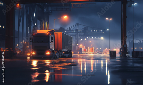 Transferring goods from a dockside warehouse to a truck during early evening with glowing shipyard lights illuminating puddles