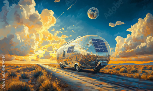 Modern depiction of a solar-powered RV, travel route globe, and endless desert road under vibrant skies