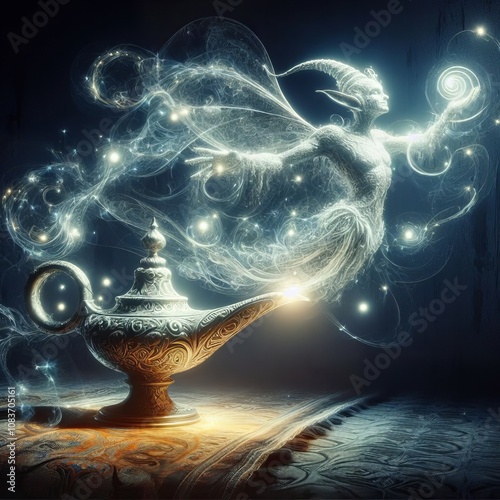 An ornate glowing genie lamp with swirling mystical energy, intricate details, and magical golden light in a fantasy setting photo