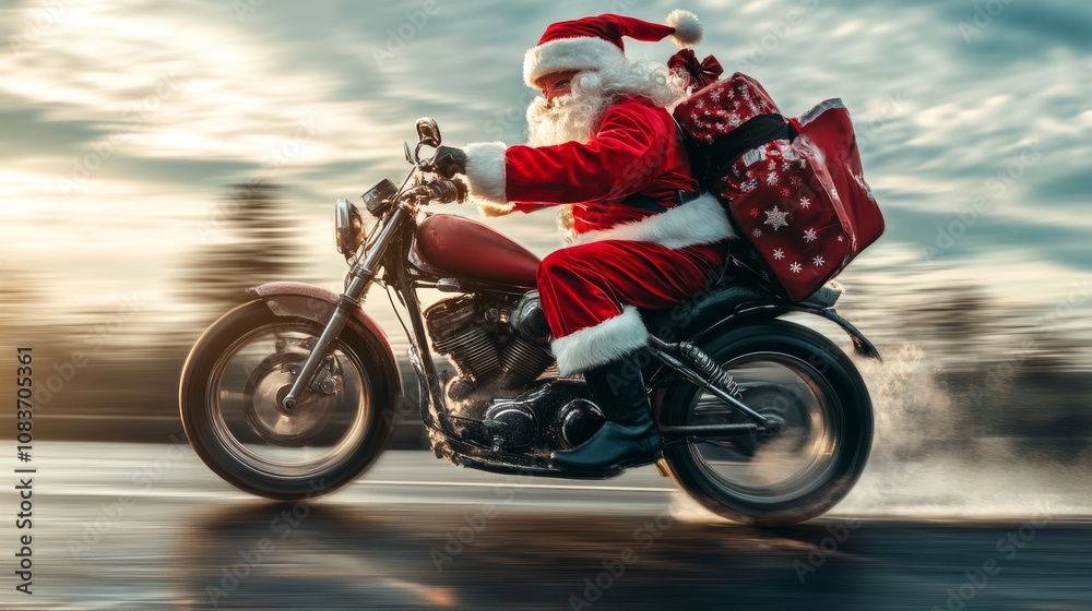 Obraz premium Unconventional biker Santa Claus riding a fast motorbike and delivering Christmas gifts