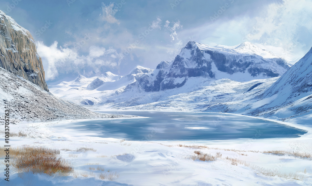 Obraz premium Open snow field with a high-altitude glacier lake and expansive winter mountain view