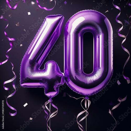 Purple birthday / anniversary balloon, number 40, black background with confetti photo